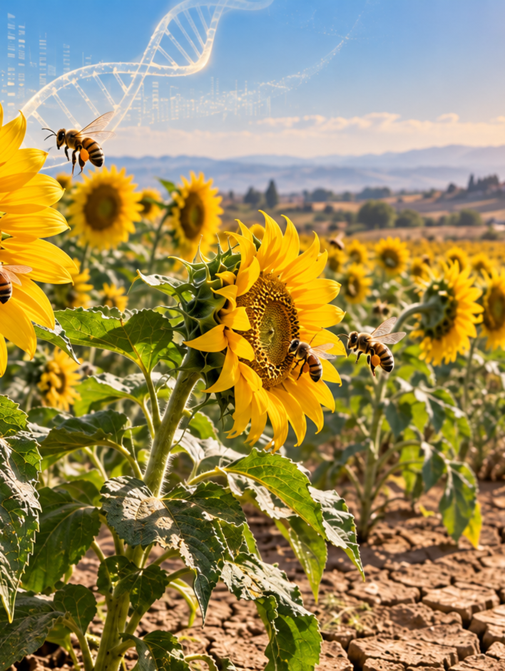 Girasoles creciendo bajo sequía y altas temperaturas con abejas polinizadoras y elementos de genética vegetal.