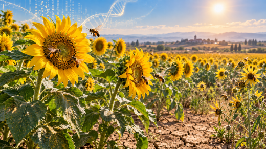 Girasoles creciendo bajo sequía y altas temperaturas con abejas polinizadoras y elementos de genética vegetal.