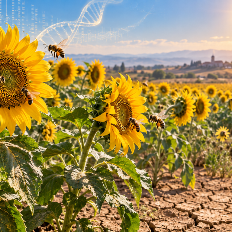 Girasoles creciendo bajo sequía y altas temperaturas con abejas polinizadoras y elementos de genética vegetal.