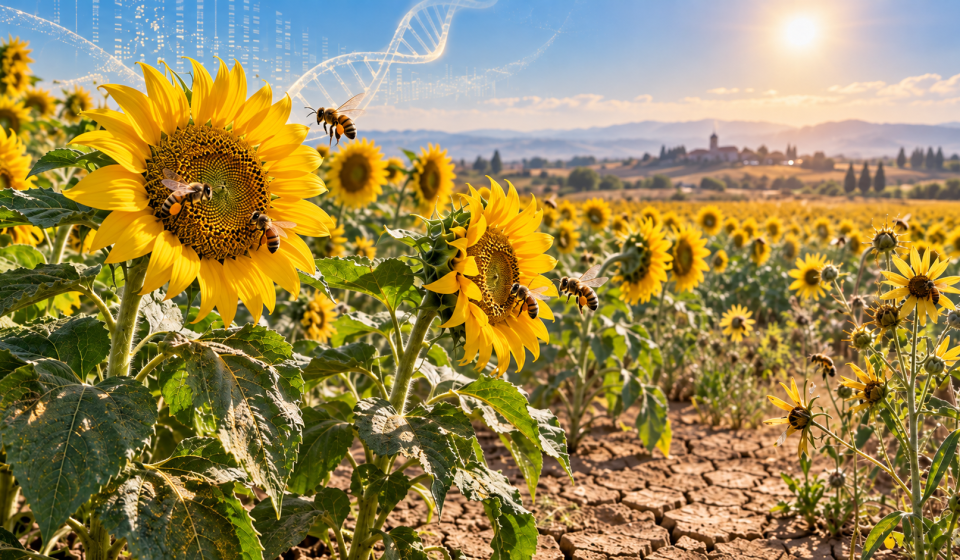 Girasoles creciendo bajo sequía y altas temperaturas con abejas polinizadoras y elementos de genética vegetal.