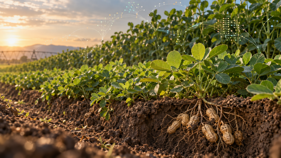 Plantas compactas de maní creciendo a alta densidad con vainas bajo tierra y una representación sutil de un pangenoma.