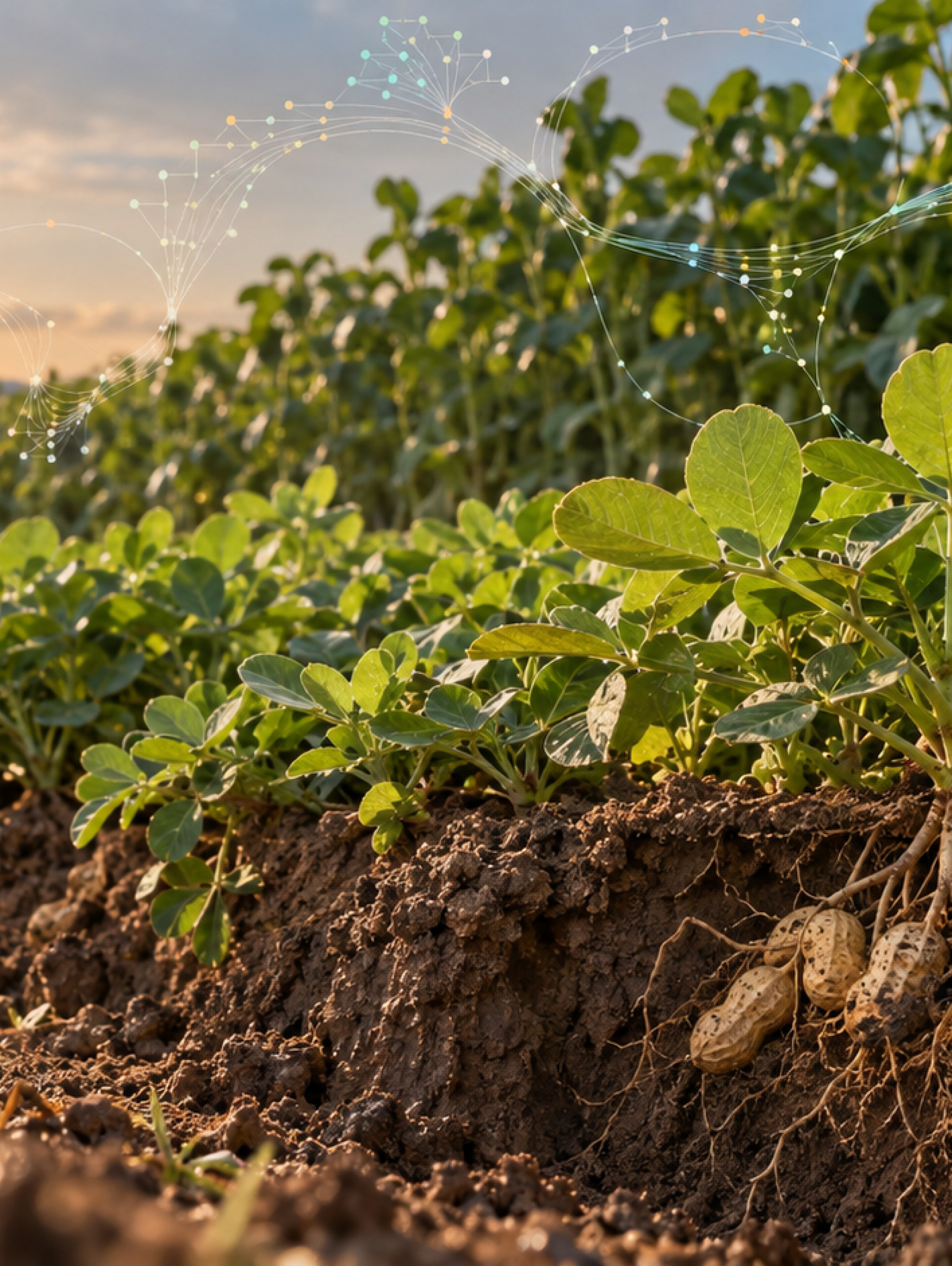 Plantas compactas de maní creciendo a alta densidad con vainas bajo tierra y una representación sutil de un pangenoma.
