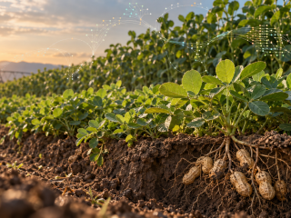 Plantas compactas de maní creciendo a alta densidad con vainas bajo tierra y una representación sutil de un pangenoma.