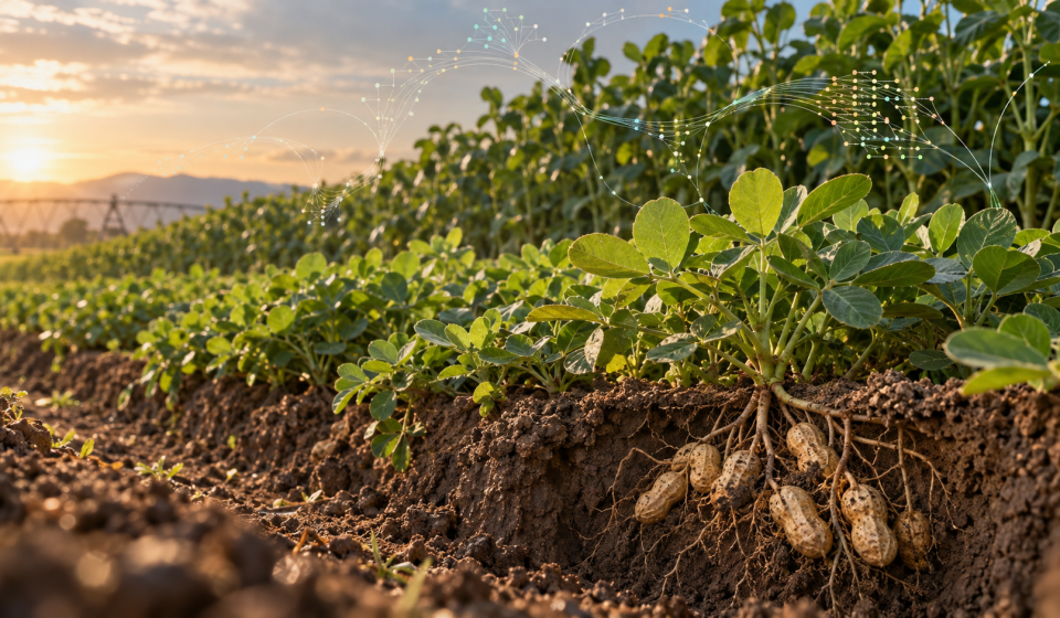 Plantas compactas de maní creciendo a alta densidad con vainas bajo tierra y una representación sutil de un pangenoma.