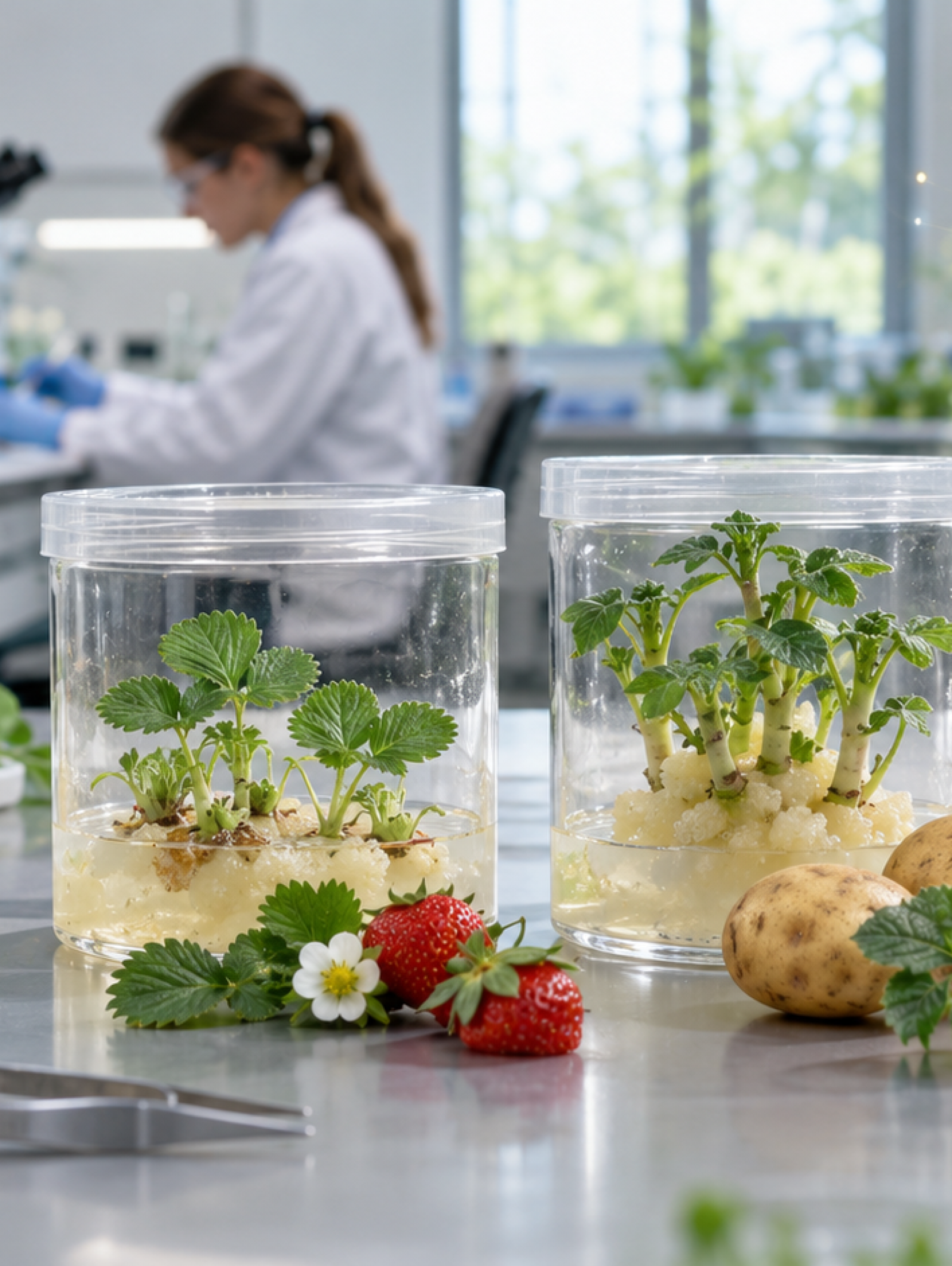 Brotes de cítricos, frutilla, papa y álamo regenerándose en cultivo de tejidos como representación de la tecnología CRISPR-Combo.
