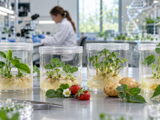 Brotes de cítricos, frutilla, papa y álamo regenerándose en cultivo de tejidos como representación de la tecnología CRISPR-Combo.