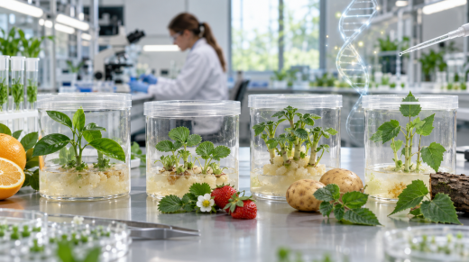 Brotes de cítricos, frutilla, papa y álamo regenerándose en cultivo de tejidos como representación de la tecnología CRISPR-Combo.