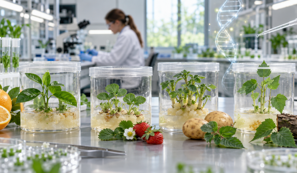 Brotes de cítricos, frutilla, papa y álamo regenerándose en cultivo de tejidos como representación de la tecnología CRISPR-Combo.