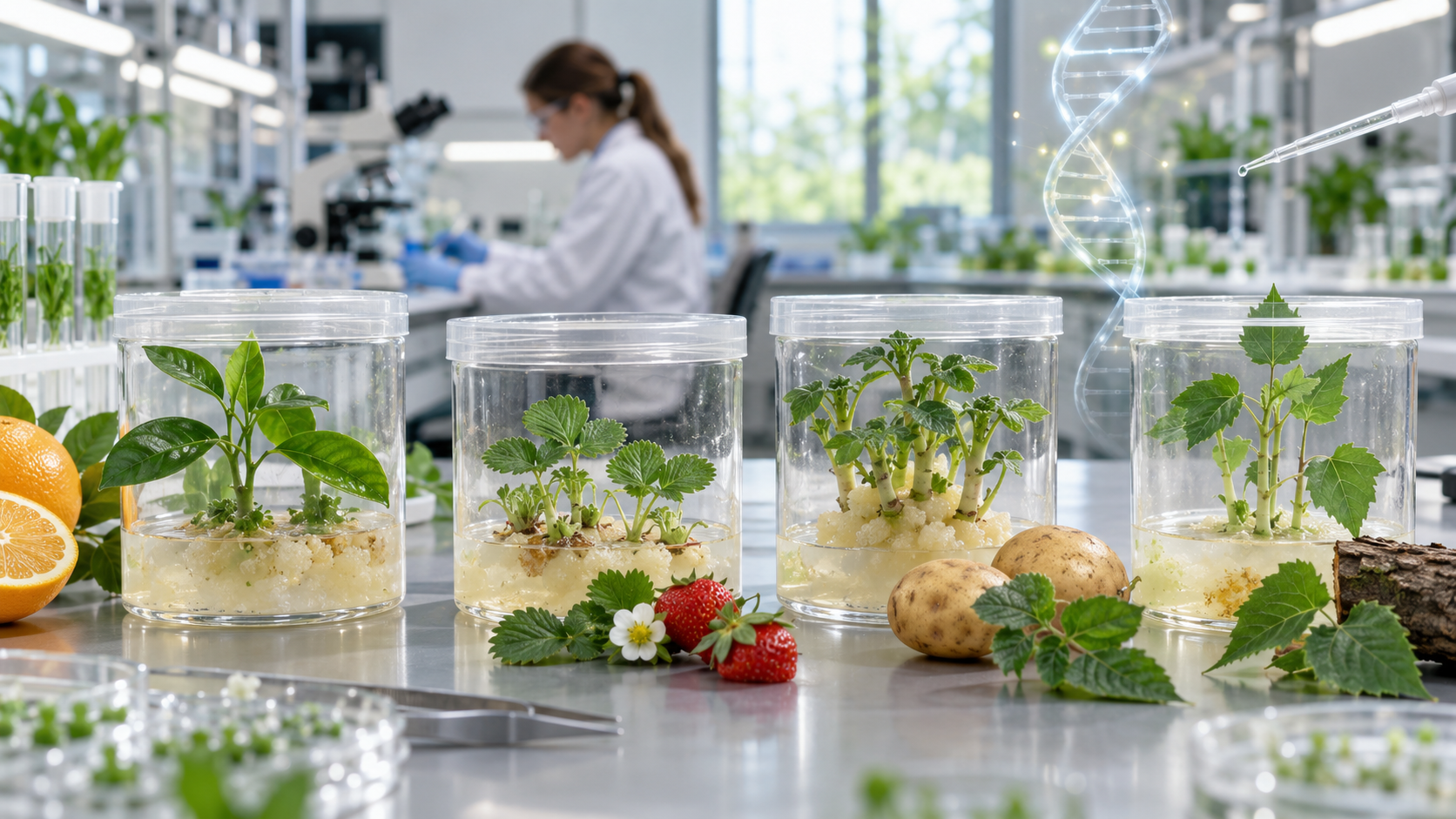Brotes de cítricos, frutilla, papa y álamo regenerándose en cultivo de tejidos como representación de la tecnología CRISPR-Combo.