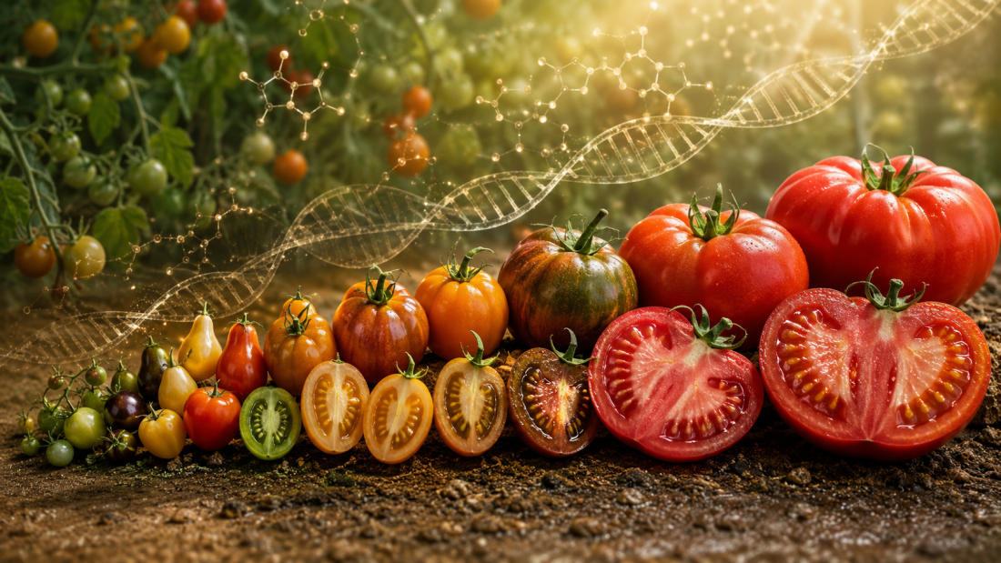 Tomates silvestres y modernos representando los cambios genéticos del sabor durante la domesticación y el mejoramiento