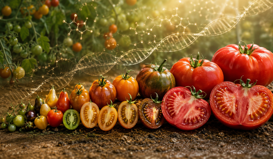 Tomates silvestres y modernos representando los cambios genéticos del sabor durante la domesticación y el mejoramiento