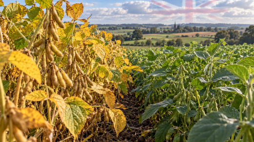 Campo de soya editada genéticamente de maduración temprana junto a plantas convencionales en Reino Unido.