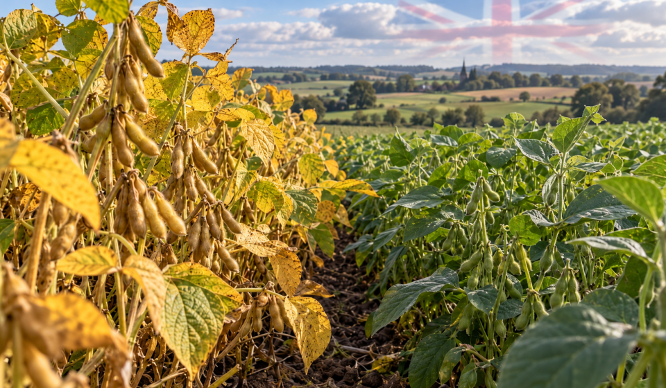 Campo de soya editada genéticamente de maduración temprana junto a plantas convencionales en Reino Unido.