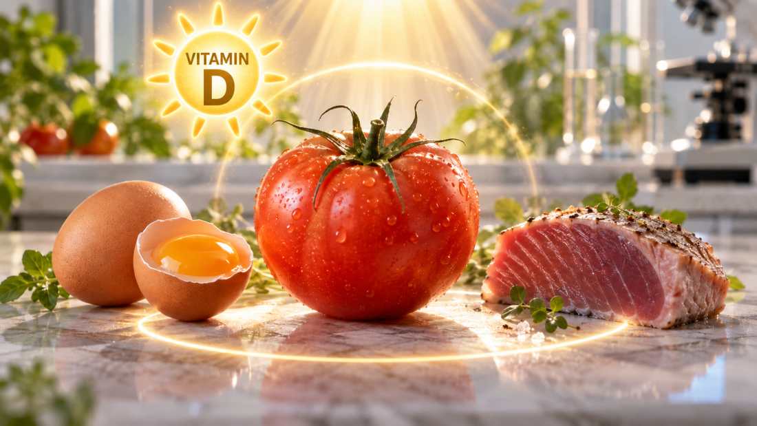 Tomate editado con CRISPR junto a huevos y atún, alimentos fuente de vitamina D, con un símbolo de vitamina D iluminado por el sol.