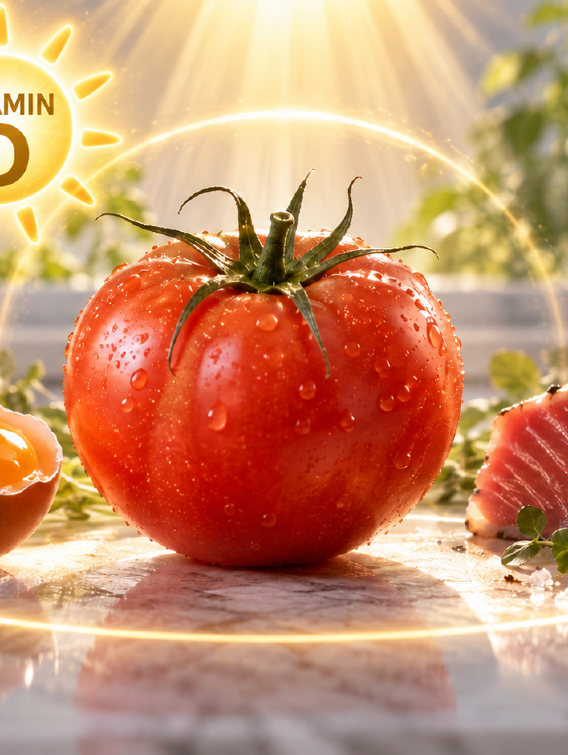 Tomate editado con CRISPR junto a huevos y atún, alimentos fuente de vitamina D, con un símbolo de vitamina D iluminado por el sol.