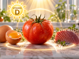 Tomate editado con CRISPR junto a huevos y atún, alimentos fuente de vitamina D, con un símbolo de vitamina D iluminado por el sol.