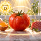 Tomate editado con CRISPR junto a huevos y atún, alimentos fuente de vitamina D, con un símbolo de vitamina D iluminado por el sol.