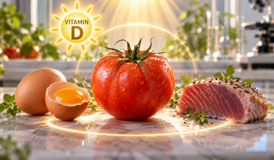 Tomate editado con CRISPR junto a huevos y atún, alimentos fuente de vitamina D, con un símbolo de vitamina D iluminado por el sol.