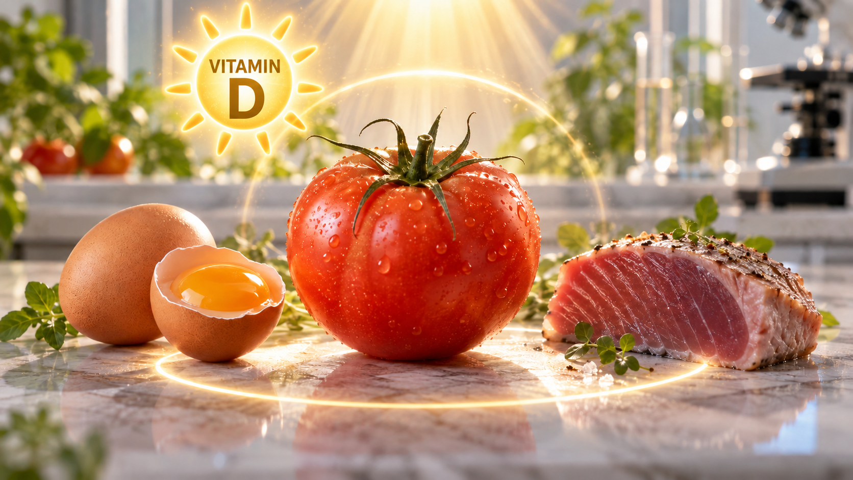 Tomate editado con CRISPR junto a huevos y atún, alimentos fuente de vitamina D, con un símbolo de vitamina D iluminado por el sol.