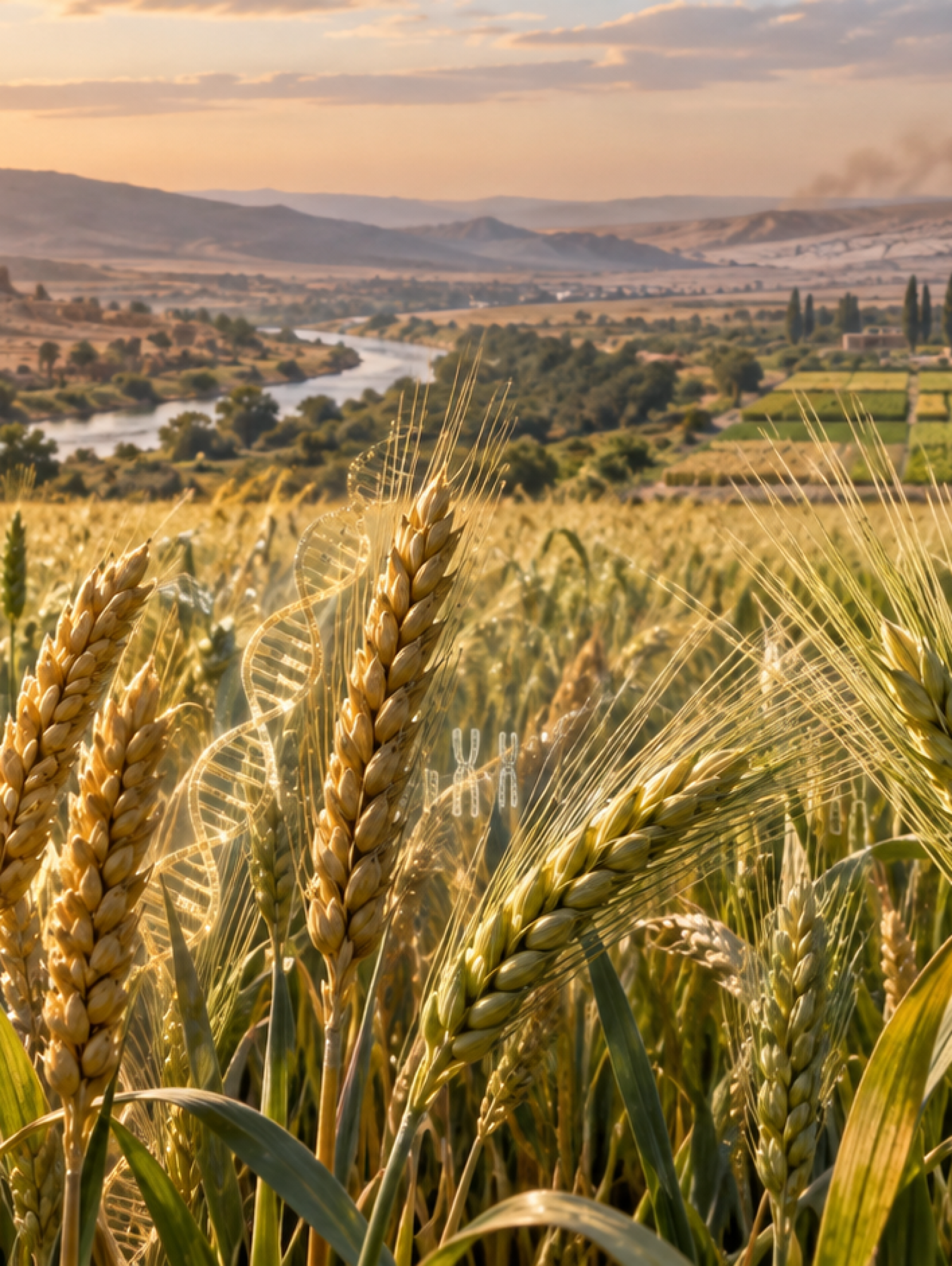Espigas de trigo y cebada en un campo agrícola con una representación tenue de