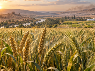 Espigas de trigo y cebada en un campo agrícola con una representación tenue de