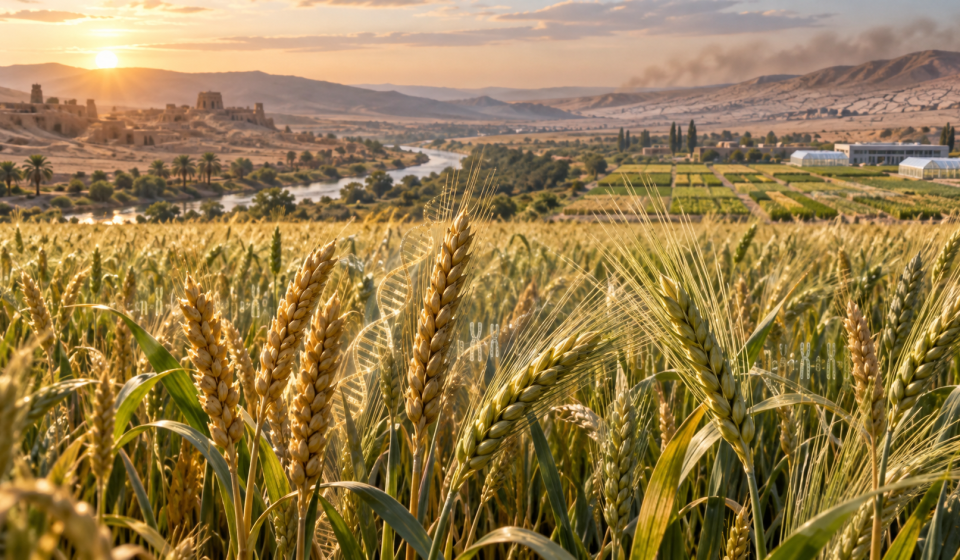 Espigas de trigo y cebada en un campo agrícola con una representación tenue de