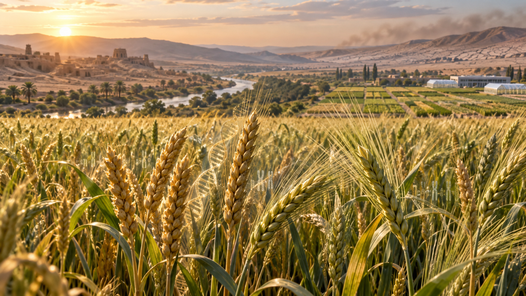 Espigas de trigo y cebada en un campo agrícola con una representación tenue de