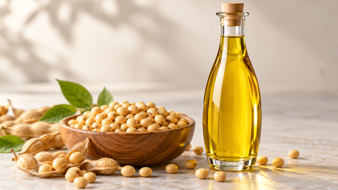 Botella de aceite de soya dorado junto a granos y vainas de soya, ilustrando el desarrollo de aceite alto en ácido oleico mediante edición genética CRISPR.