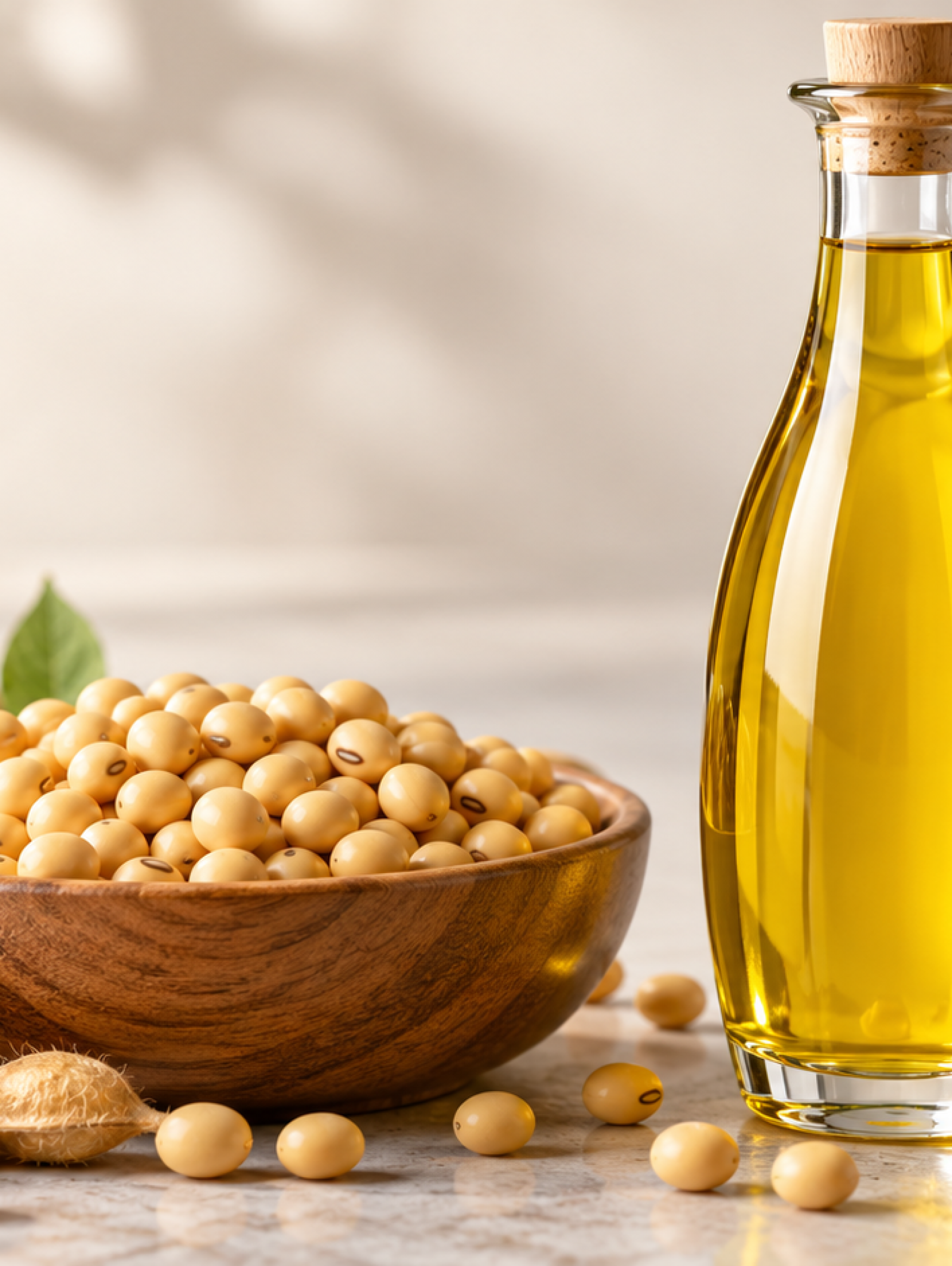 Botella de aceite de soya dorado junto a granos y vainas de soya, ilustrando el desarrollo de aceite alto en ácido oleico mediante edición genética CRISPR.