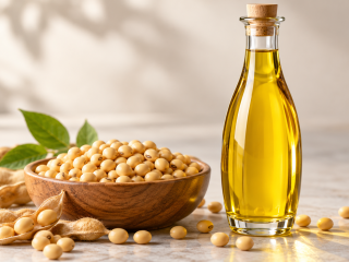 Botella de aceite de soya dorado junto a granos y vainas de soya, ilustrando el desarrollo de aceite alto en ácido oleico mediante edición genética CRISPR.