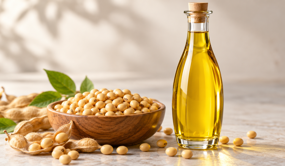 Botella de aceite de soya dorado junto a granos y vainas de soya, ilustrando el desarrollo de aceite alto en ácido oleico mediante edición genética CRISPR.