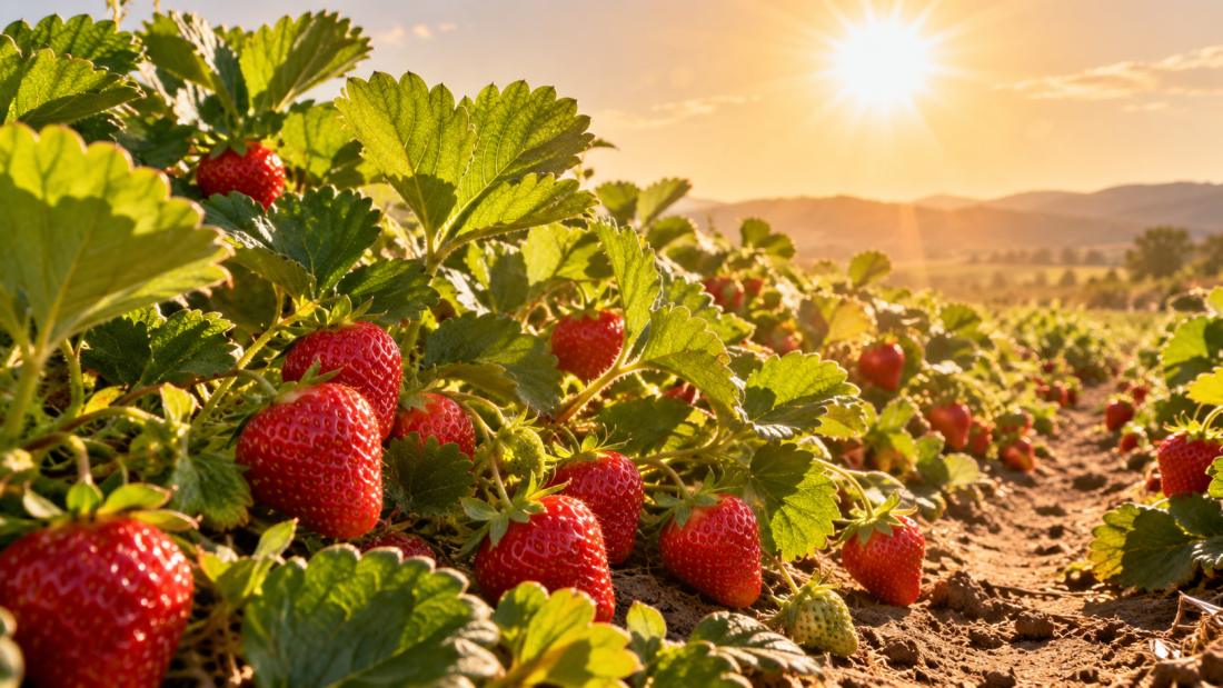 Cultivo de frutillas vigorosas creciendo bajo un sol intenso y altas temperaturas, representando el desarrollo de variedades resistentes al calor mediante edición genética.