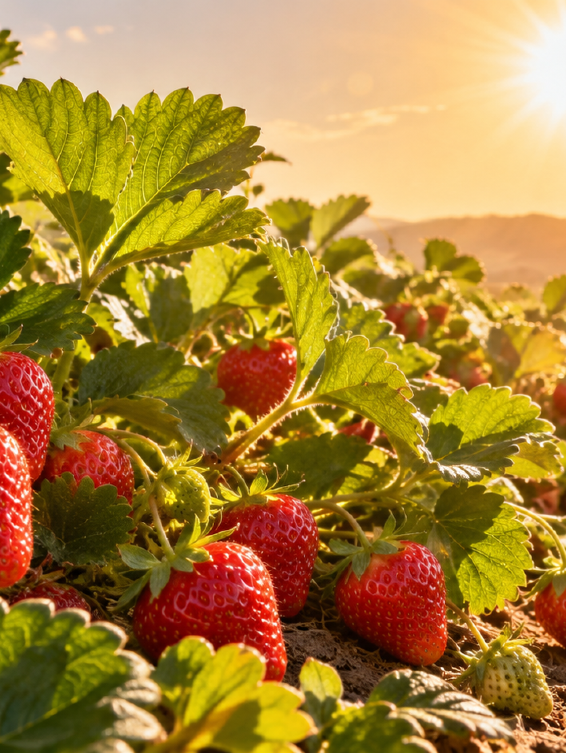 Cultivo de frutillas vigorosas creciendo bajo un sol intenso y altas temperaturas, representando el desarrollo de variedades resistentes al calor mediante edición genética.