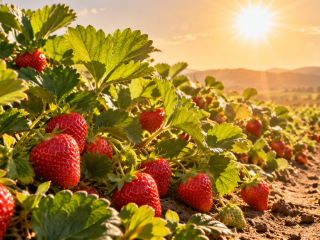 Cultivo de frutillas vigorosas creciendo bajo un sol intenso y altas temperaturas, representando el desarrollo de variedades resistentes al calor mediante edición genética.