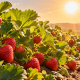 Cultivo de frutillas vigorosas creciendo bajo un sol intenso y altas temperaturas, representando el desarrollo de variedades resistentes al calor mediante edición genética.