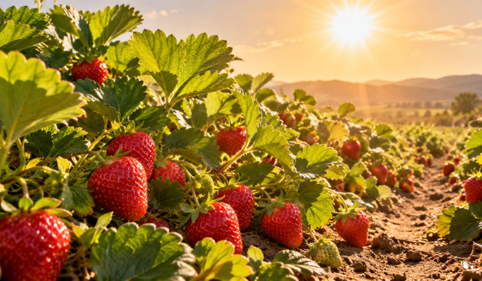 Cultivo de frutillas vigorosas creciendo bajo un sol intenso y altas temperaturas, representando el desarrollo de variedades resistentes al calor mediante edición genética.
