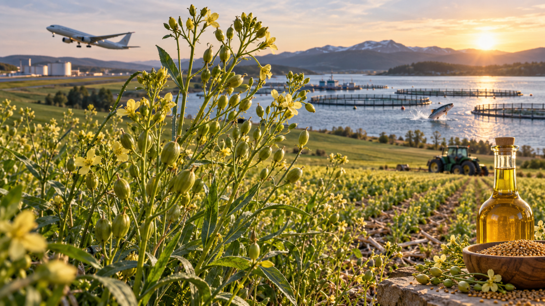 Cultivo de camelina con flores amarillas y semillas oleaginosas, junto a un avión, salmonicultura y aceite vegetal, representando sus aplicaciones en biocombustibles, omega-3 y agricultura sostenible.