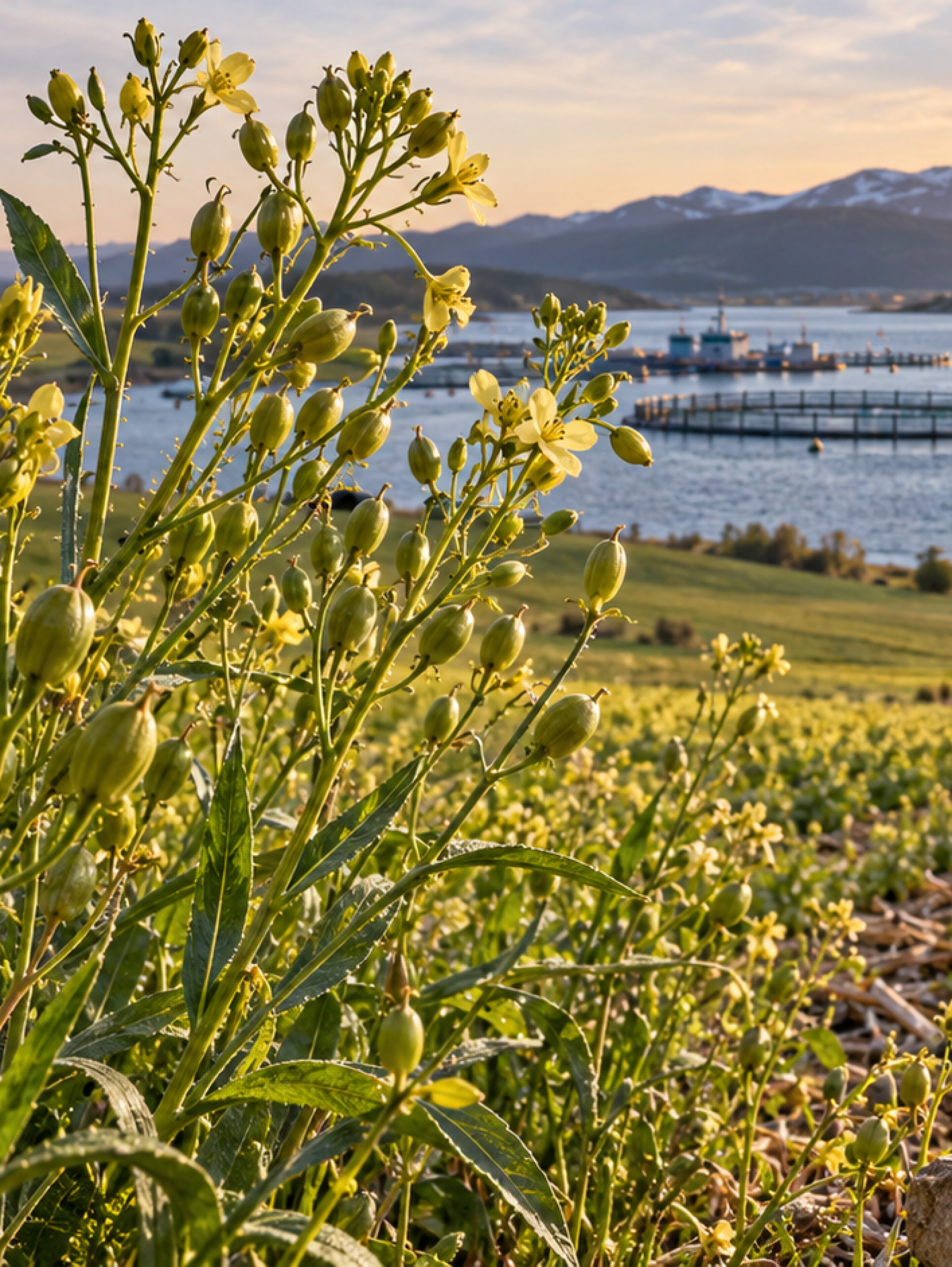 Cultivo de camelina con flores amarillas y semillas oleaginosas, junto a un avión, salmonicultura y aceite vegetal, representando sus aplicaciones en biocombustibles, omega-3 y agricultura sostenible.