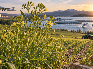 Cultivo de camelina con flores amarillas y semillas oleaginosas, junto a un avión, salmonicultura y aceite vegetal, representando sus aplicaciones en biocombustibles, omega-3 y agricultura sostenible.
