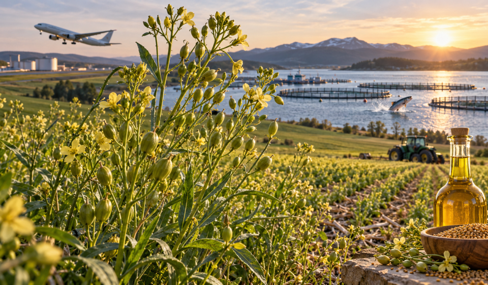 Cultivo de camelina con flores amarillas y semillas oleaginosas, junto a un avión, salmonicultura y aceite vegetal, representando sus aplicaciones en biocombustibles, omega-3 y agricultura sostenible.