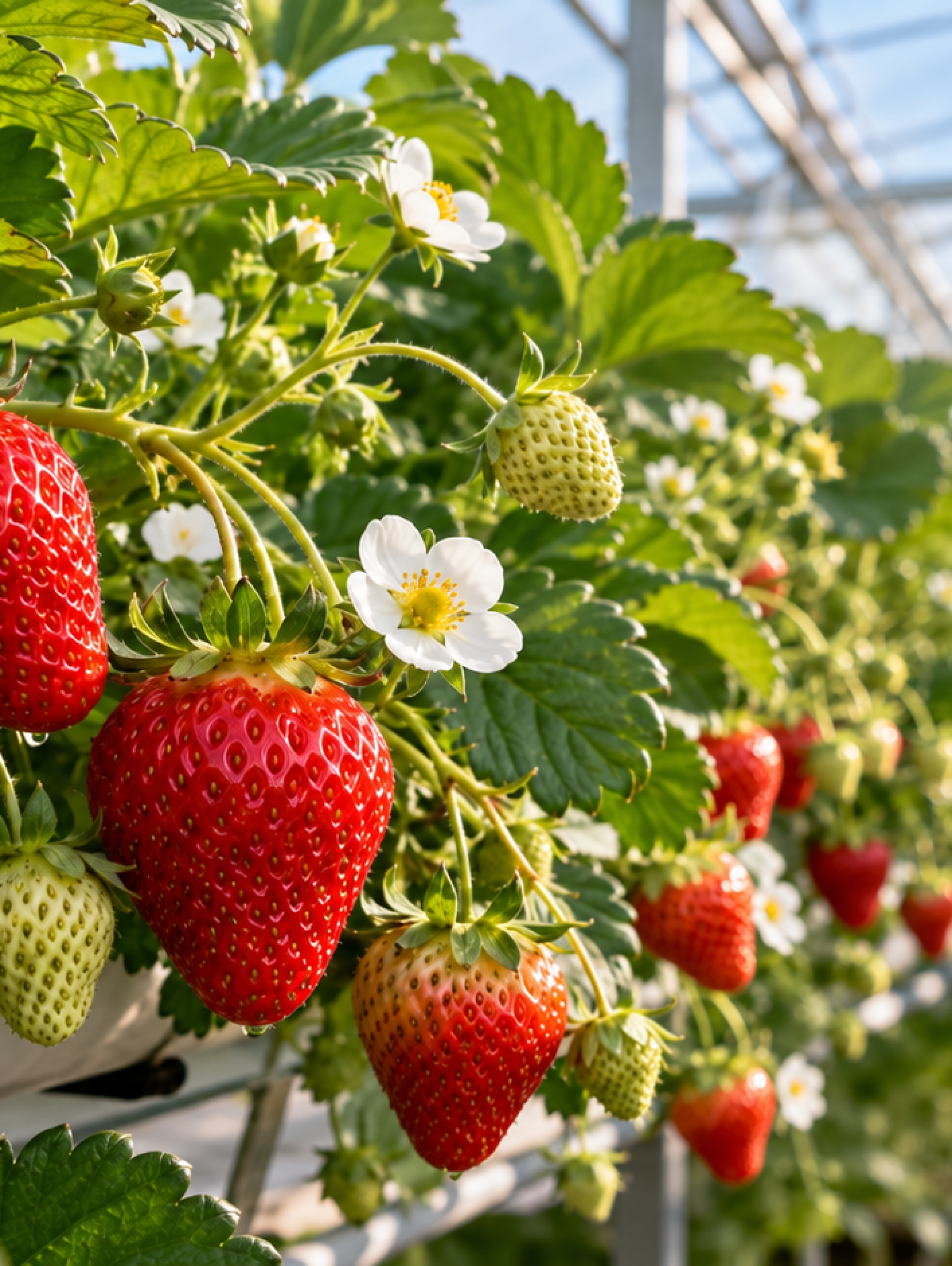 Frutillas maduras y flores en un invernadero, ilustración del desarrollo de variedades editadas con CRISPR para prolongar la cosecha.