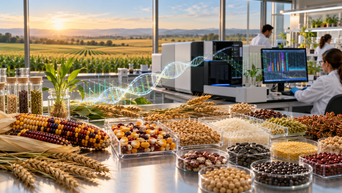 Semillas de diversos cultivos junto a un equipo de secuenciación de ADN en un laboratorio de investigación vegetal.
