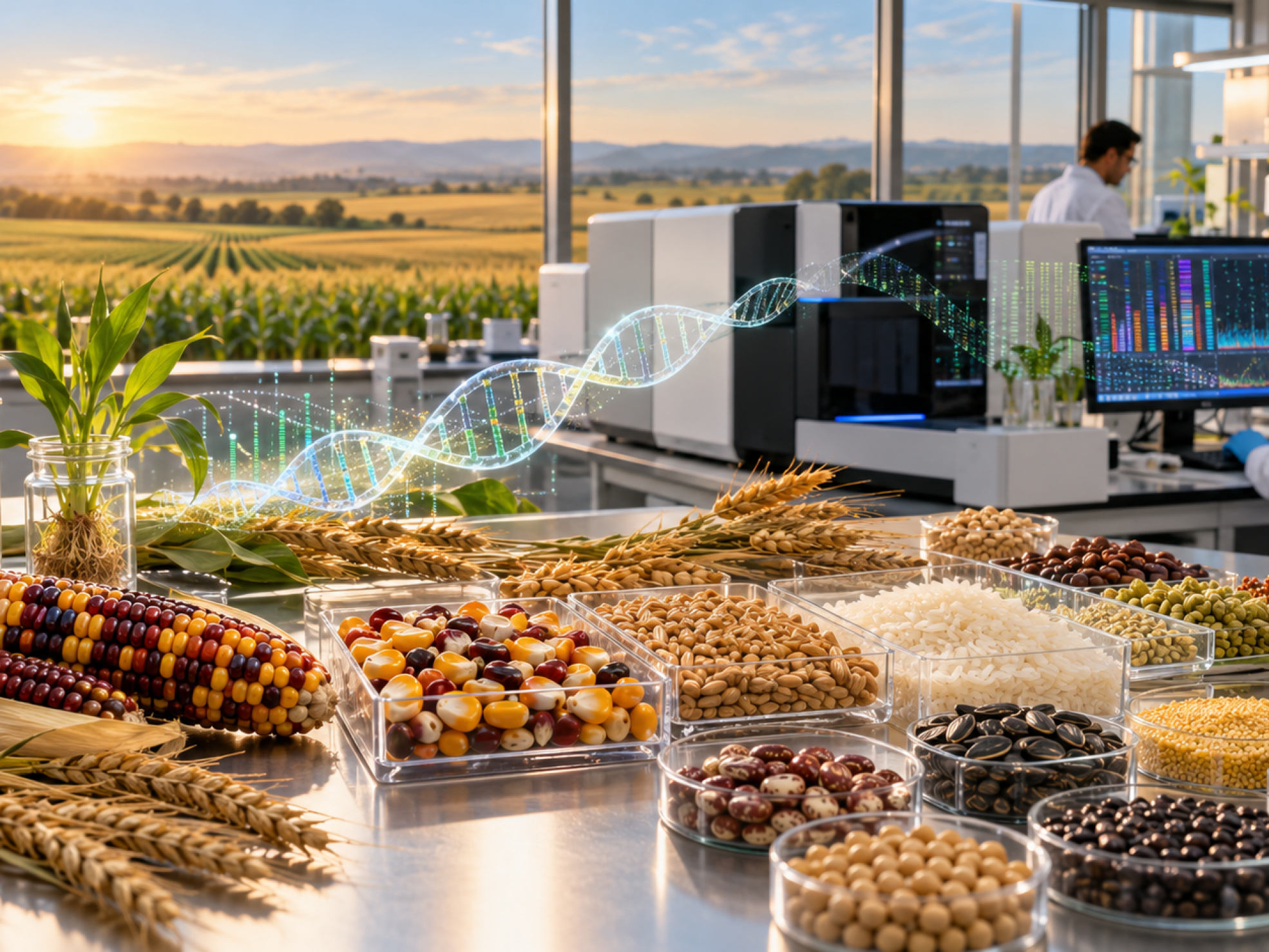 Semillas de diversos cultivos junto a un equipo de secuenciación de ADN en un laboratorio de investigación vegetal.