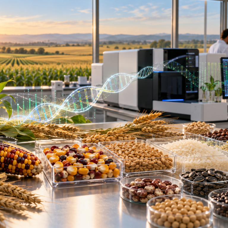 Semillas de diversos cultivos junto a un equipo de secuenciación de ADN en un laboratorio de investigación vegetal.