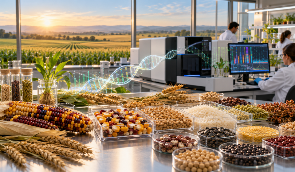 Semillas de diversos cultivos junto a un equipo de secuenciación de ADN en un laboratorio de investigación vegetal.