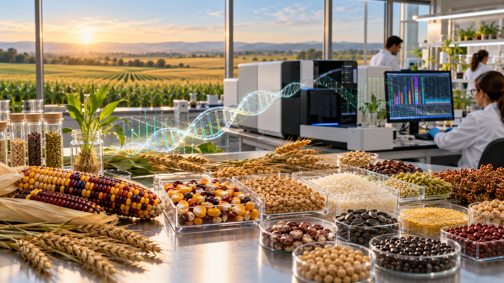 Semillas de diversos cultivos junto a un equipo de secuenciación de ADN en un laboratorio de investigación vegetal.