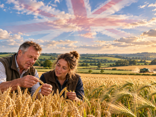Agricultores británicos examinan espigas de trigo y cebada en un campo de Inglaterra, reflejando el interés por los cultivos editados genéticamente.