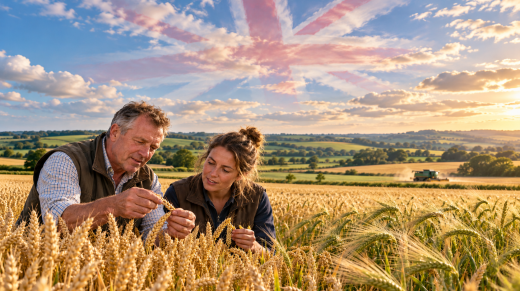 Agricultores británicos examinan espigas de trigo y cebada en un campo de Inglaterra, reflejando el interés por los cultivos editados genéticamente.