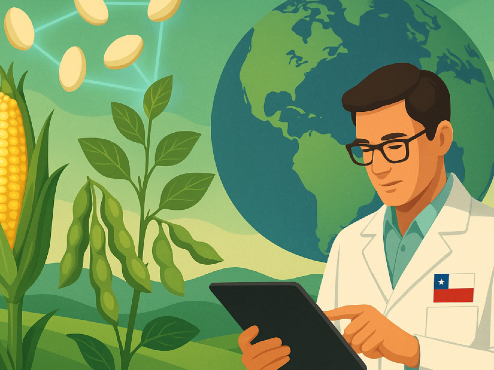 Ilustración de un científico chileno investigando semillas biotecnológicas de maíz y soya, con un globo terráqueo que representa el alcance internacional de Chile.