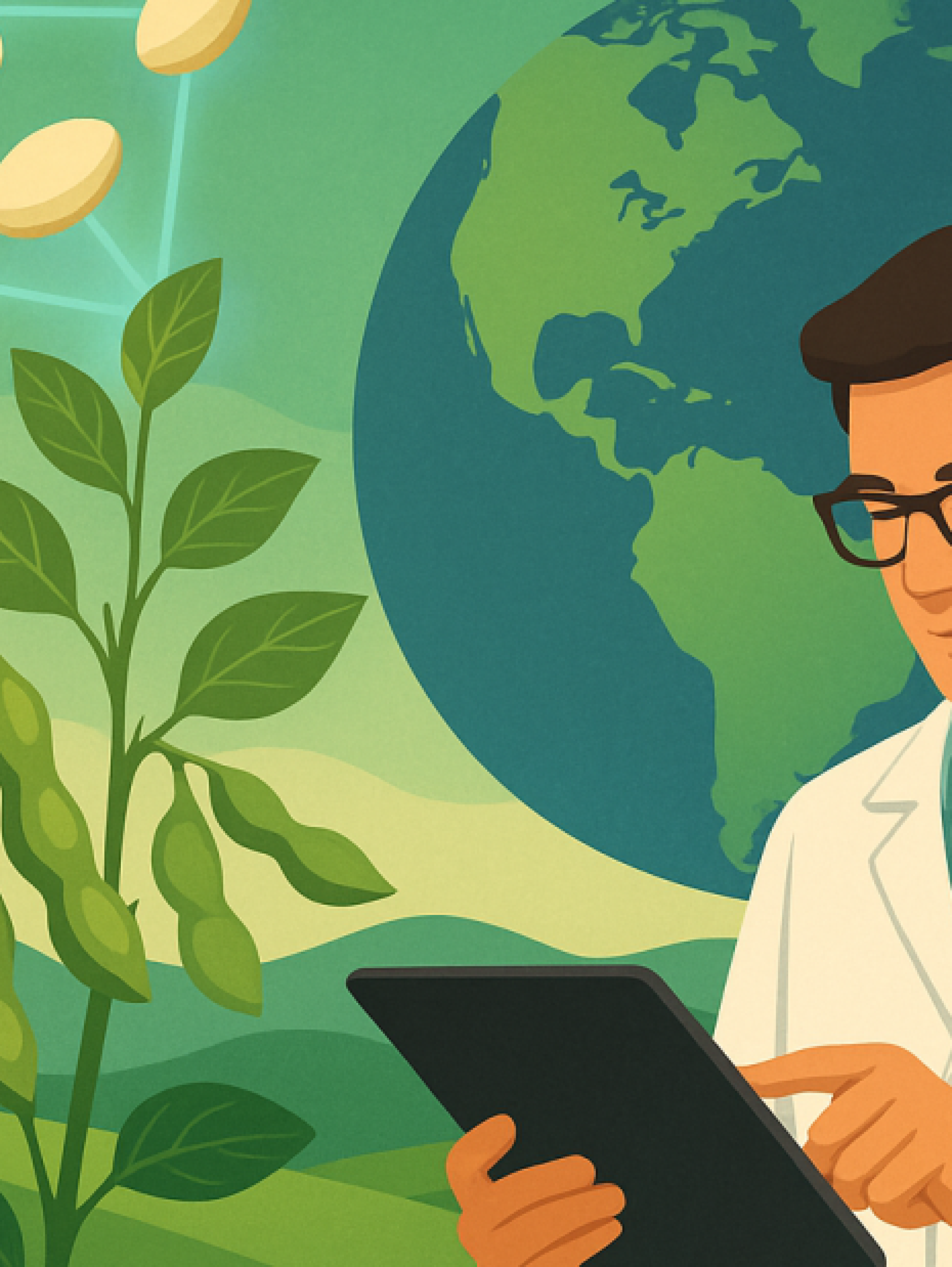 Ilustración de un científico chileno investigando semillas biotecnológicas de maíz y soya, con un globo terráqueo que representa el alcance internacional de Chile.